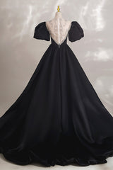 Black Ball Gown with Beaded, Black Short Sleeve Formal Evening Dress