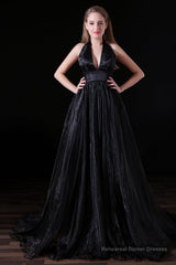 Black Halter Deep V neck Backless Tulle Floro Length Prom Dresses