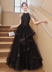 Black Halter Tulle Layers Long Formal Dress, Black Tulle Prom Dress