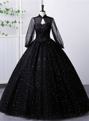 Black High Neckline Long Sleeves Tulle Sweet 16 Dress, Black Ball Gown Formal Dress