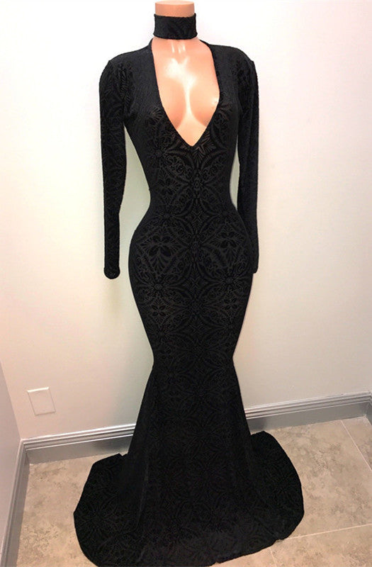 Black Lace V-Neck Prom Party Gowns| Mermaid Long-Sleeve Evening Gowns