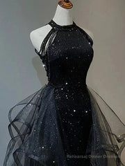 Black Long Mermaid Halter Sequined Tulle Formal Prom Dresses