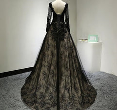 Black Long Sleeves Lace Prom Dress, Black Evening Gown