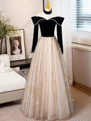 Black Long Sleeves Velvet ane Tulle Long Party Derss, Black Off Shoulder Prom Dress