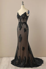 Black Mermaid Lace Straps Evening Dress Party Dress, Black Long Prom Dress