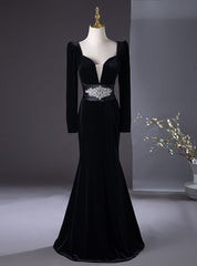 Black Mermaid Long Sleeve Velvet Prom Dress