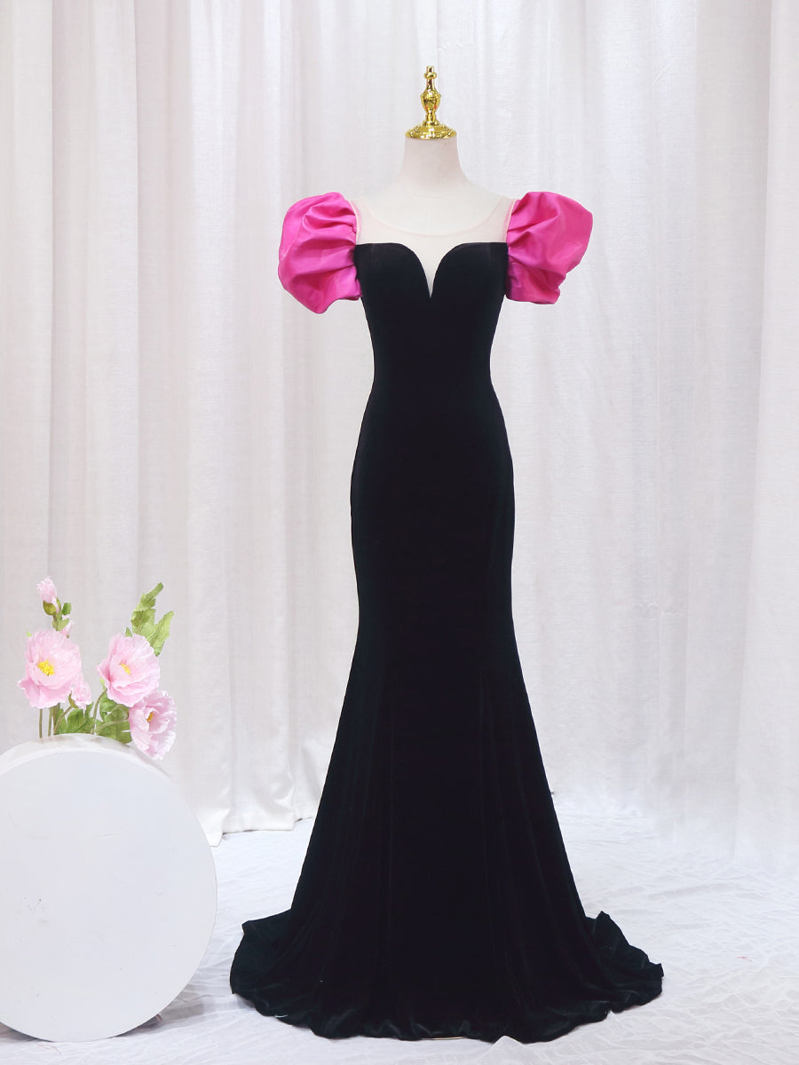 Black Mermaid Velvet Puff Sleeve Backless Prom Dress