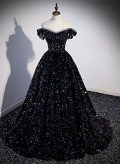 Black Off Shoulder Shiny Beaded Long Prom Dress A-line Black Evening Dress prom dresses shops