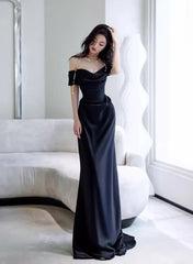 Black Off Shoulder Soft Satin Floor Length Party Dress, Black Satin Evening Dress