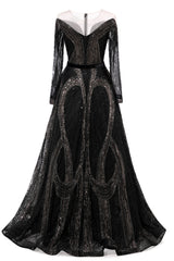 Black Prom Dresses A-line Heavily Beading Long Sleeves Women Evening Dresses