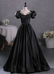 Black Satin A-line Floor Length Long Party Dress with Lace, Black Long Formal Dress