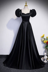 Black Satin Floor Length Prom Dress, Simple Black Short Sleeve Evening Dress