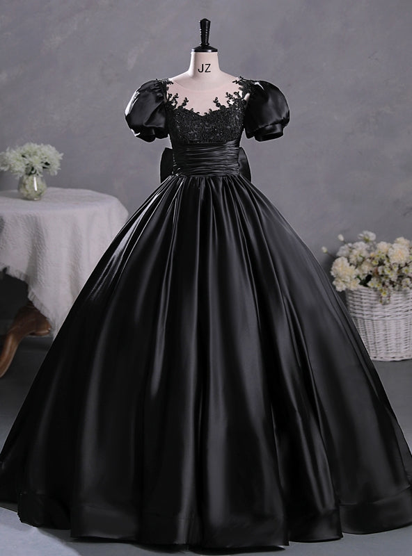 Black Satin Puff Sleeve Beading Quinceanera Dress