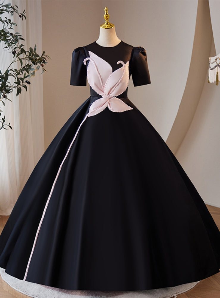 Black Satin Short Sleeve Ball Gown Prom Dress