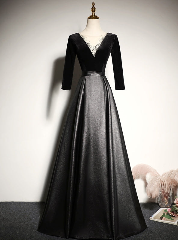 Black Satin Velvet Long Sleeve Prom Dress