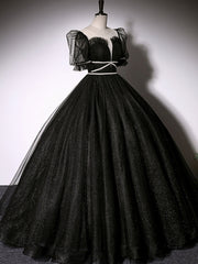 Black Scoop Neckline Long Prom Dress, Shiny Tulle Black Evening Dress