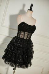 Black Sequined Strapless Multi-Layers Tulle Cocktail Dress