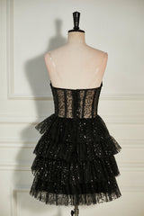 Black Sequined Strapless Multi-Layers Tulle Cocktail Dress