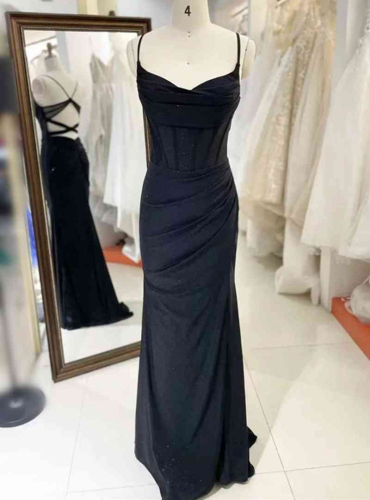 Black Sheath Spaghetti Straps Pleats Prom Dress