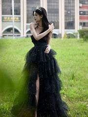 Black Shiny Tulle Layers Long Party Dress with Leg Slit, Black Tulle Prom Dress