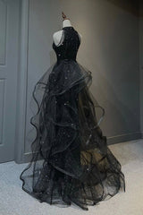 Black Shiny Tulle Long Party Dress with Beaded, Black Evening Dress