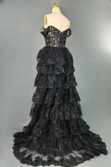 Black Sparkly Corset Prom Dresses Off The Shoulder Tiered A-Line Sweetheart Neck Tulle Lace Evening Dresses