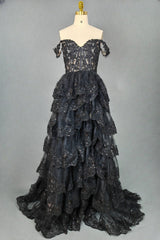 Black Sparkly Corset Prom Dresses Off The Shoulder Tiered A-Line Sweetheart Neck Tulle Lace Evening Dresses