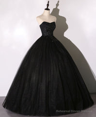 Black Sweetheart Neck Tulle Long Prom Dress Black Evening Dress