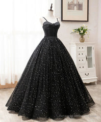 Black Sweetheart Straps Tulle Long Evening Gown, Sleeveless Floor-Length Prom Dresses