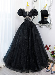 Black Tulle Beaded Short Sleeves Prom Dress, Black Tulle Formal Dress