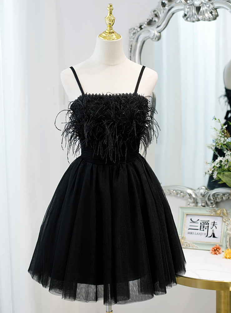 Black Tulle Feather Spaghetti Straps Homecoming Dress