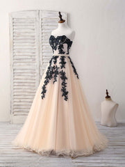 Black Tulle Lace Applique Long Prom Dress, Black Evening Dress