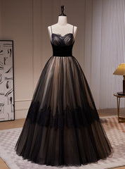 Black Tulle Lace Spaghetti Straps Prom Dress