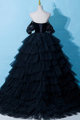 Black Tulle Layers Long Formal Dress, Black A-Line Strapless Evening Dress