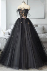 Black Tulle Long Prom Dress, Black A-Line Strapless Evening Dress