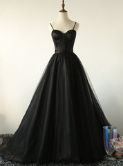 Black Tulle Satin Spaghetti Straps Button Prom Dress