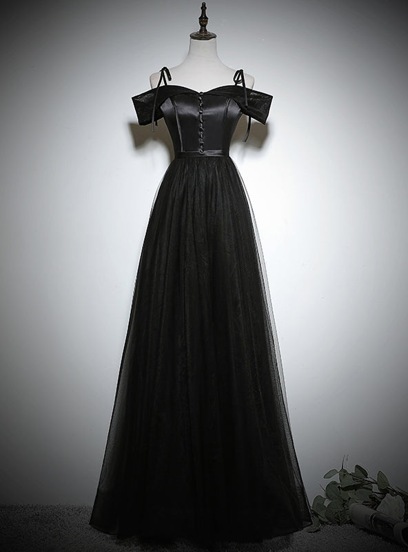 Black Tulle Satin Spaghetti Straps Prom Dress