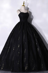 Black Tulle Sequins Long Prom Dress, Black Spaghetti Straps Evening Dress