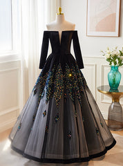 Black Tulle Sequins Long Sleeve Off the Shoulder Prom Dress