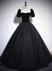 Black Tulle Sequins Short Sleeve Velvet Quinceanera Dress