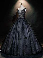 Black Tulle Sequins V-neck Appliques Quinceanera Dress