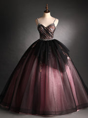 Black Tulle Spaghetti Straps Embroidery Beading Quinceanera Dress