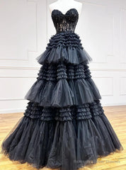 Black Tulle Sweetheart Appliques Prom Dress