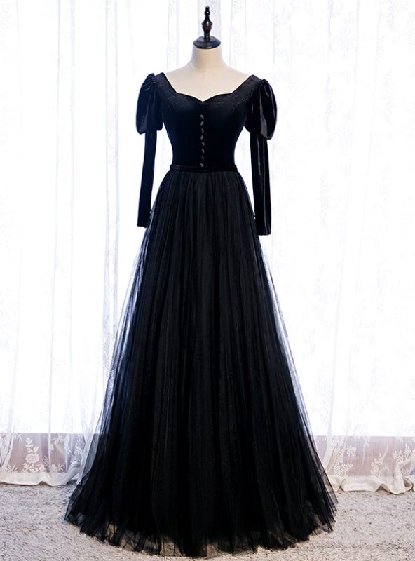 Black Tulle Velvet Long Sleeve Square Prom Dress