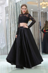 Black Two Piece Long Sleeve Floor Length Satin Prom Dresses with Lace