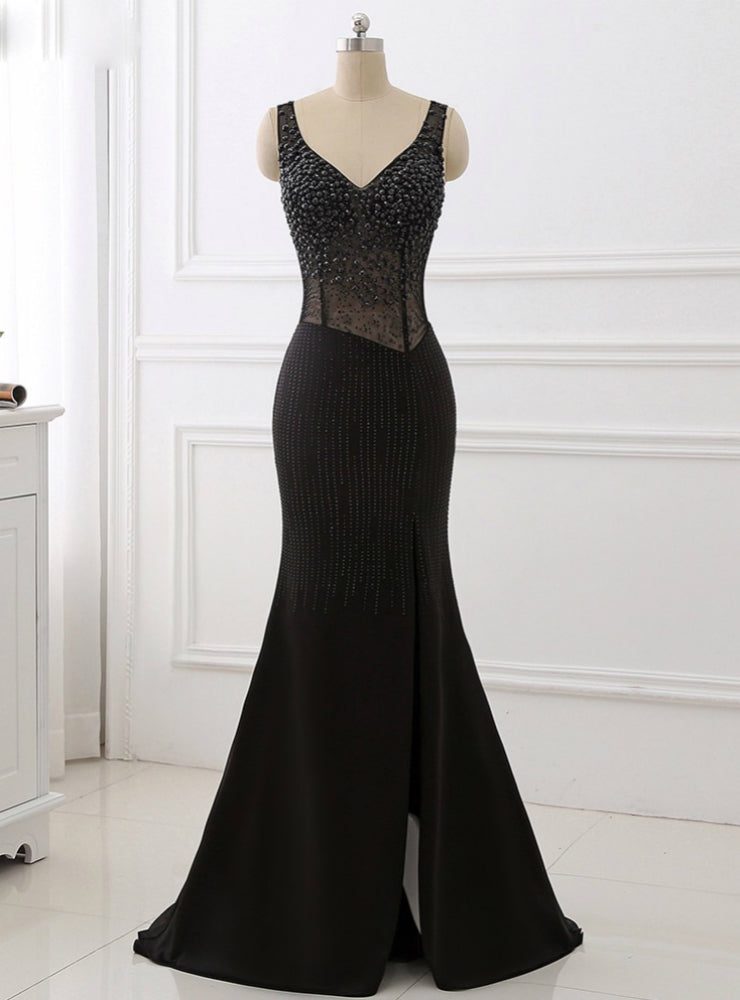 Black V-Neck Beaded Prom Dresses Sleeveless Split