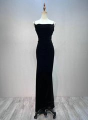 Black Velvet A-line Straps Wedding Party Dress, Black Long Evening Dress Prom Dress