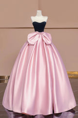 Black Velvet and Pink Satin Long Prom Dress with Bow, Beautiful A-Line Strapless Formal Party Dress