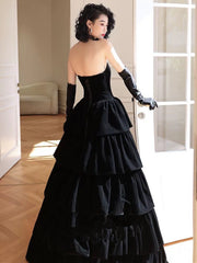 Black Velvet Layers Strapless Long A-line Prom Dress, Black Velvet Formal Dress