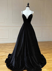 Black Velvet Long A-line Low Back Prom Dress Black V Neck Wedding Party Dress prom dresses shops